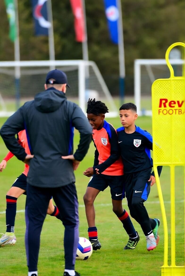 A coach and two players warming up beside a Revel Football flag