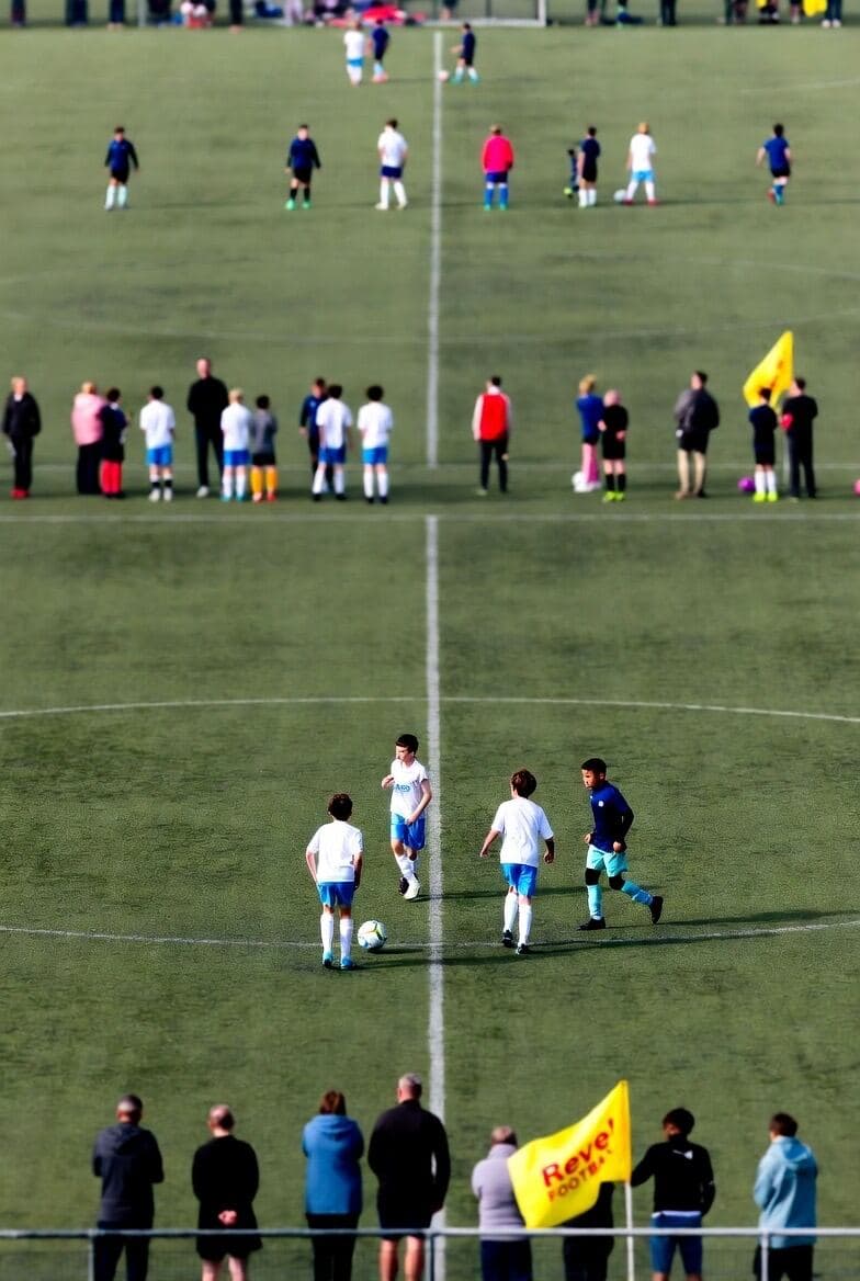 Junior teams playing across two full-size pitches at a Revel Football tournament, a yellow Revel Football corner flag in the foreground and families watching from the touchline