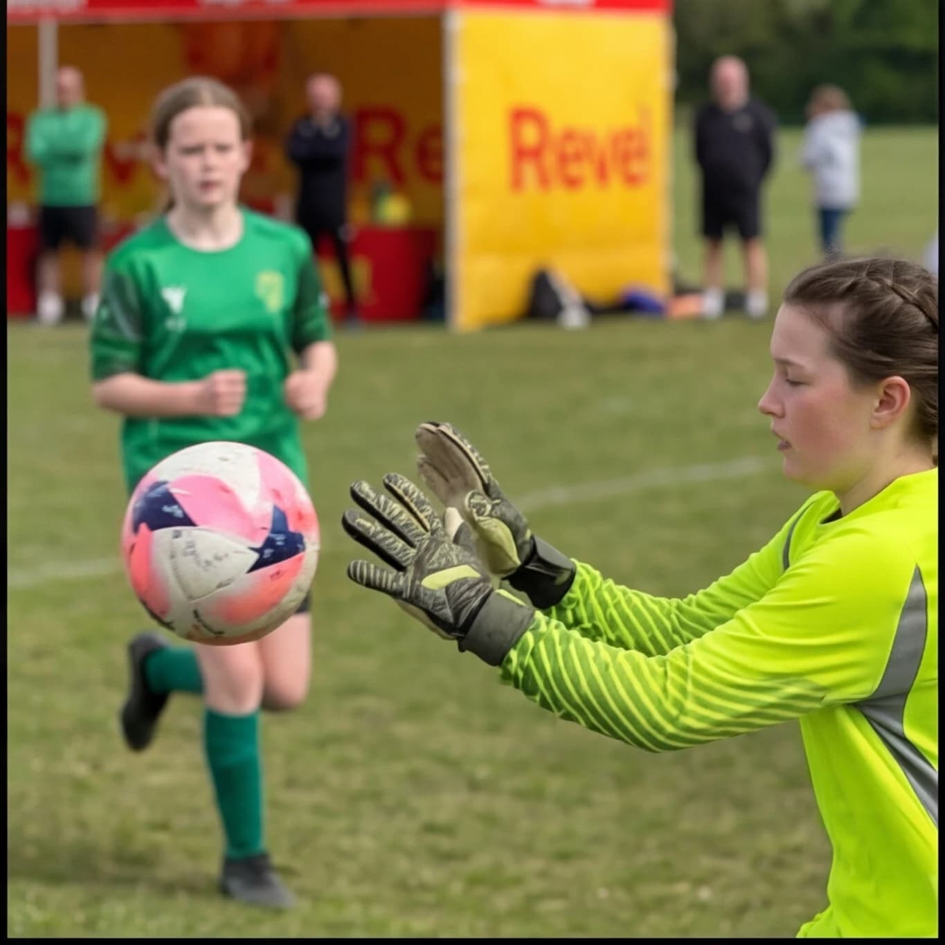 A girl goalkeeper reaching to catch the ball, a teammate in green behind her