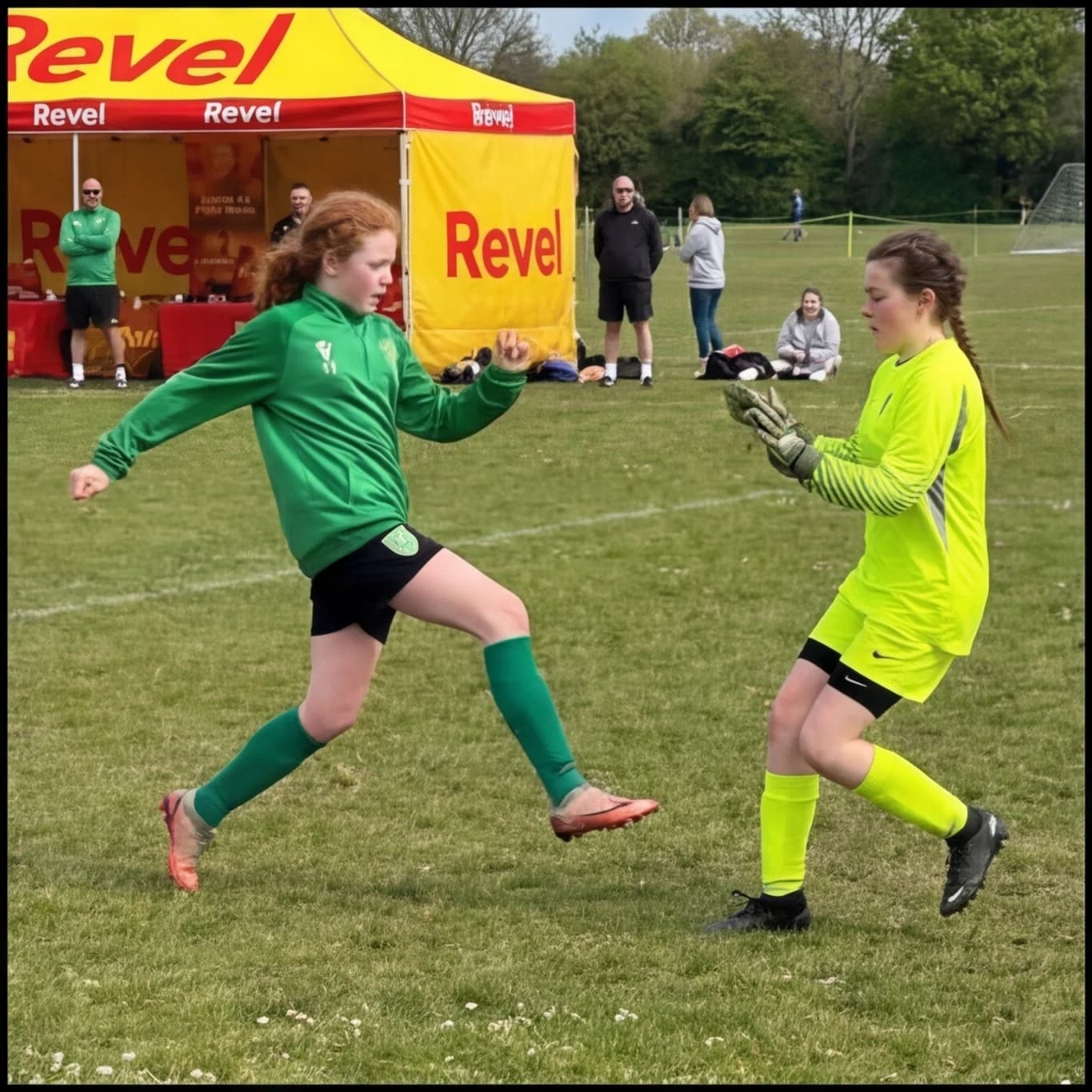 A girl in green shaping to strike the ball as a goalkeeper closes in, the Revel tent behind them