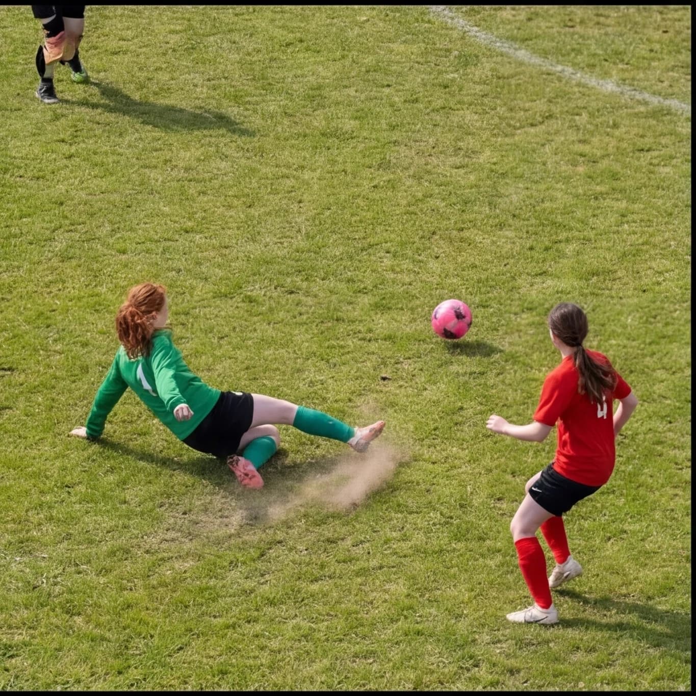 A girl in green sliding in to win the ball as an opponent in red closes in