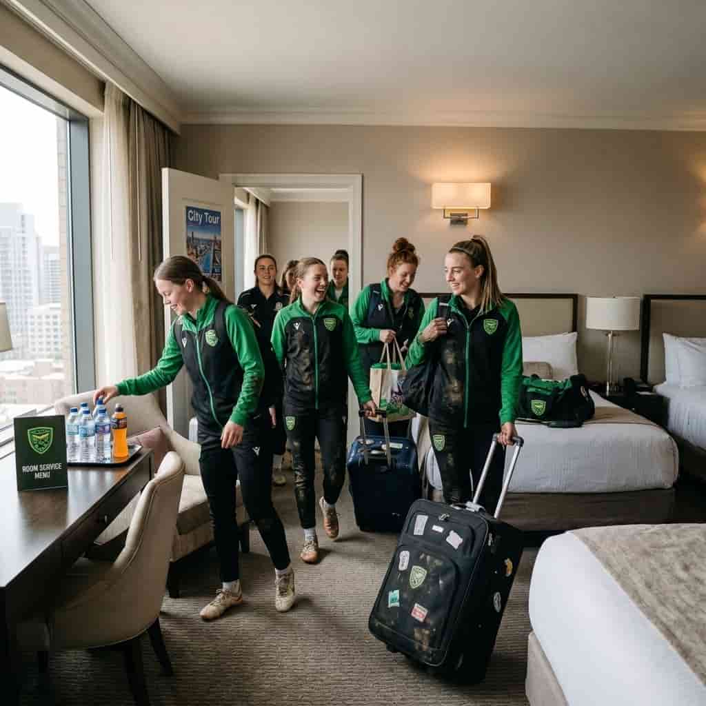 A squad arriving at their rooms with their bags