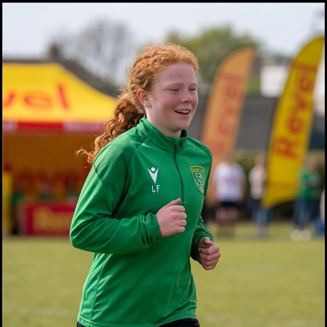 A girl in green kit smiling as she jogs, Revel flags out of focus behind her