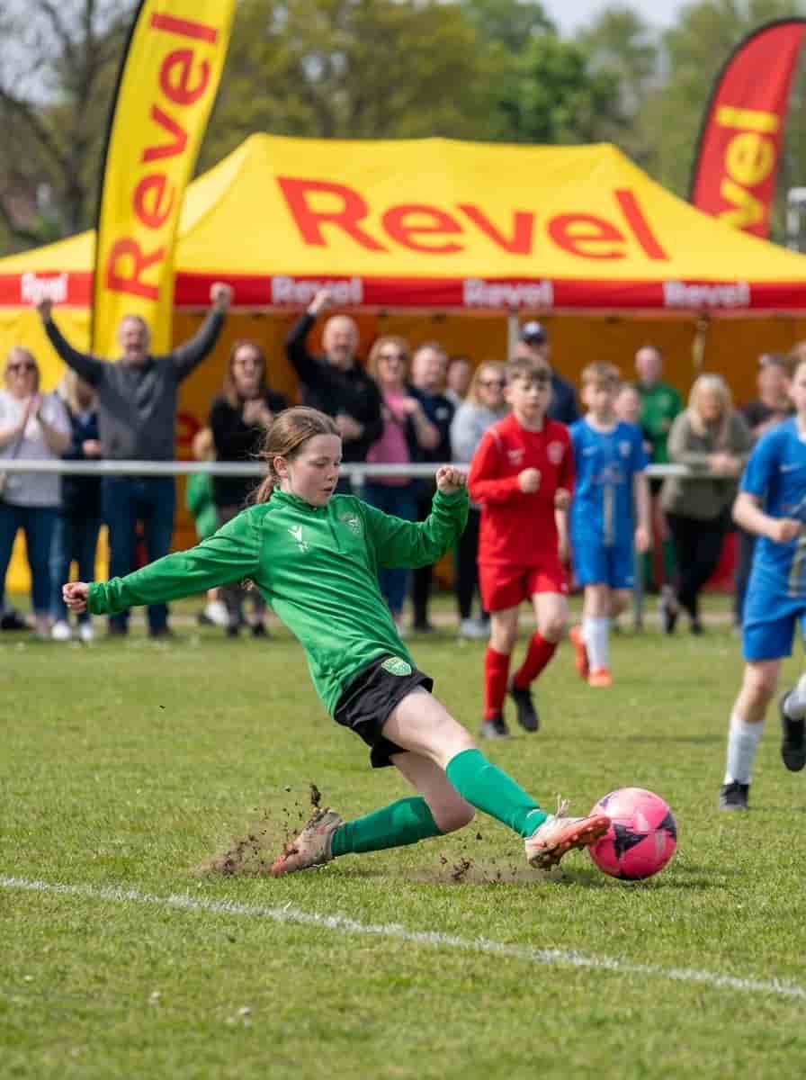 A player striking the ball in front of the Revel tent, parents on the touchline